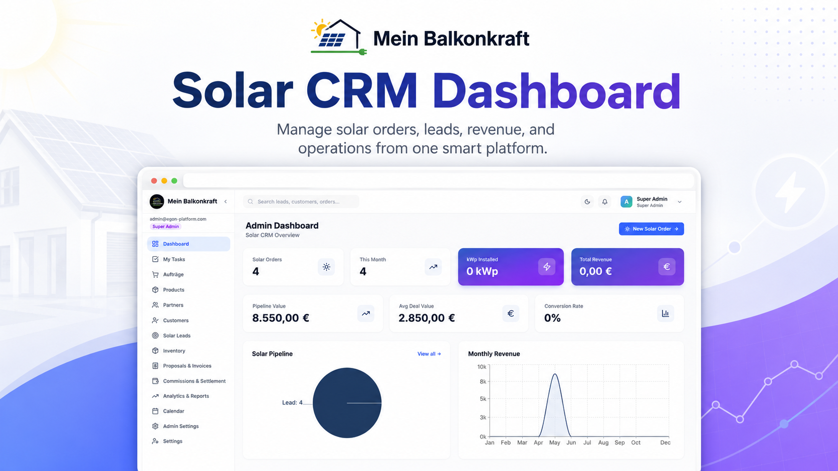 Solar CRM Dashboard — manage solar orders, leads, revenue and operations