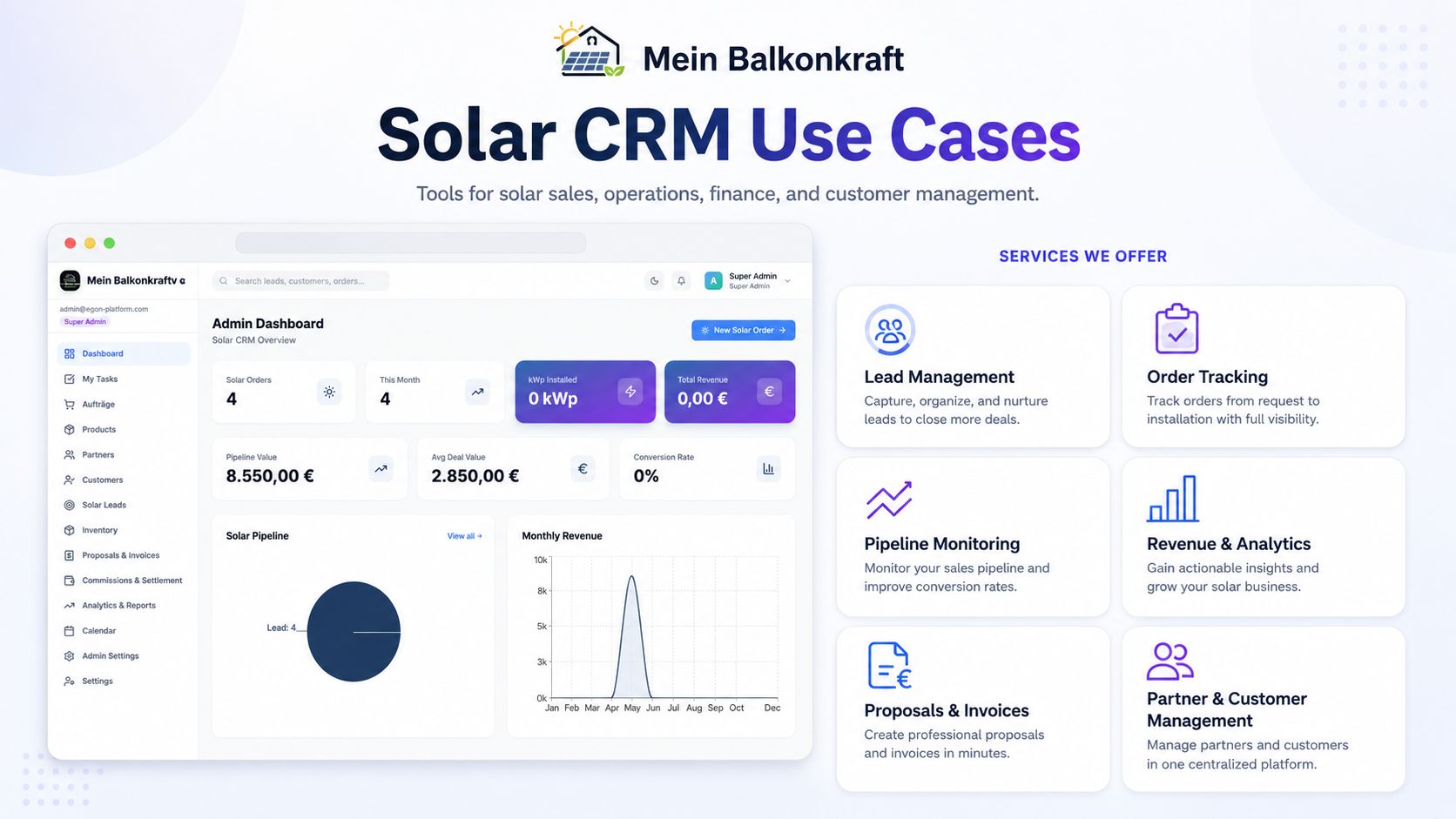 Solar CRM use cases — lead, order, pipeline, revenue, invoicing and partner management