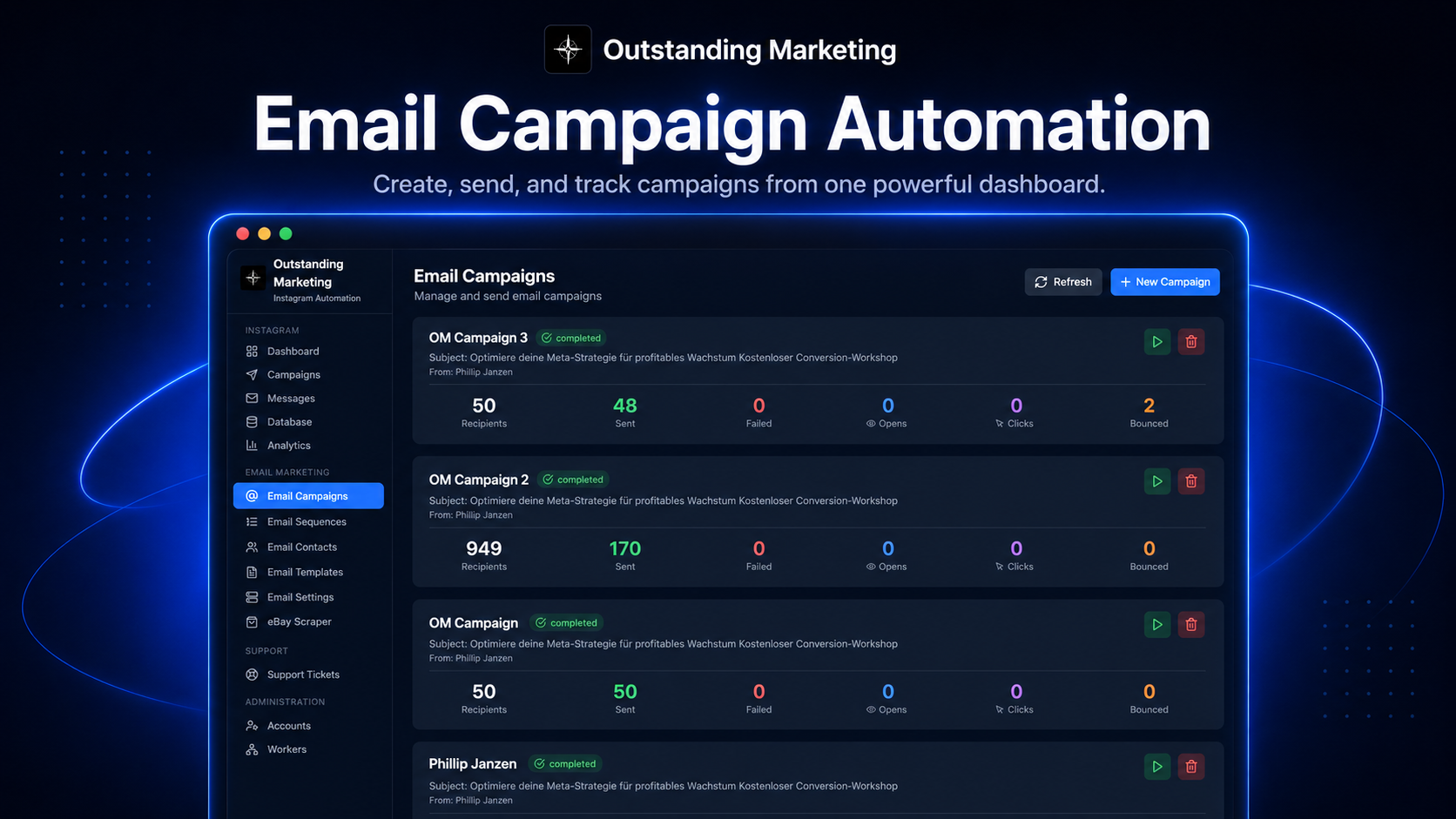 Email Campaign Automation dashboard — create, send and track campaigns