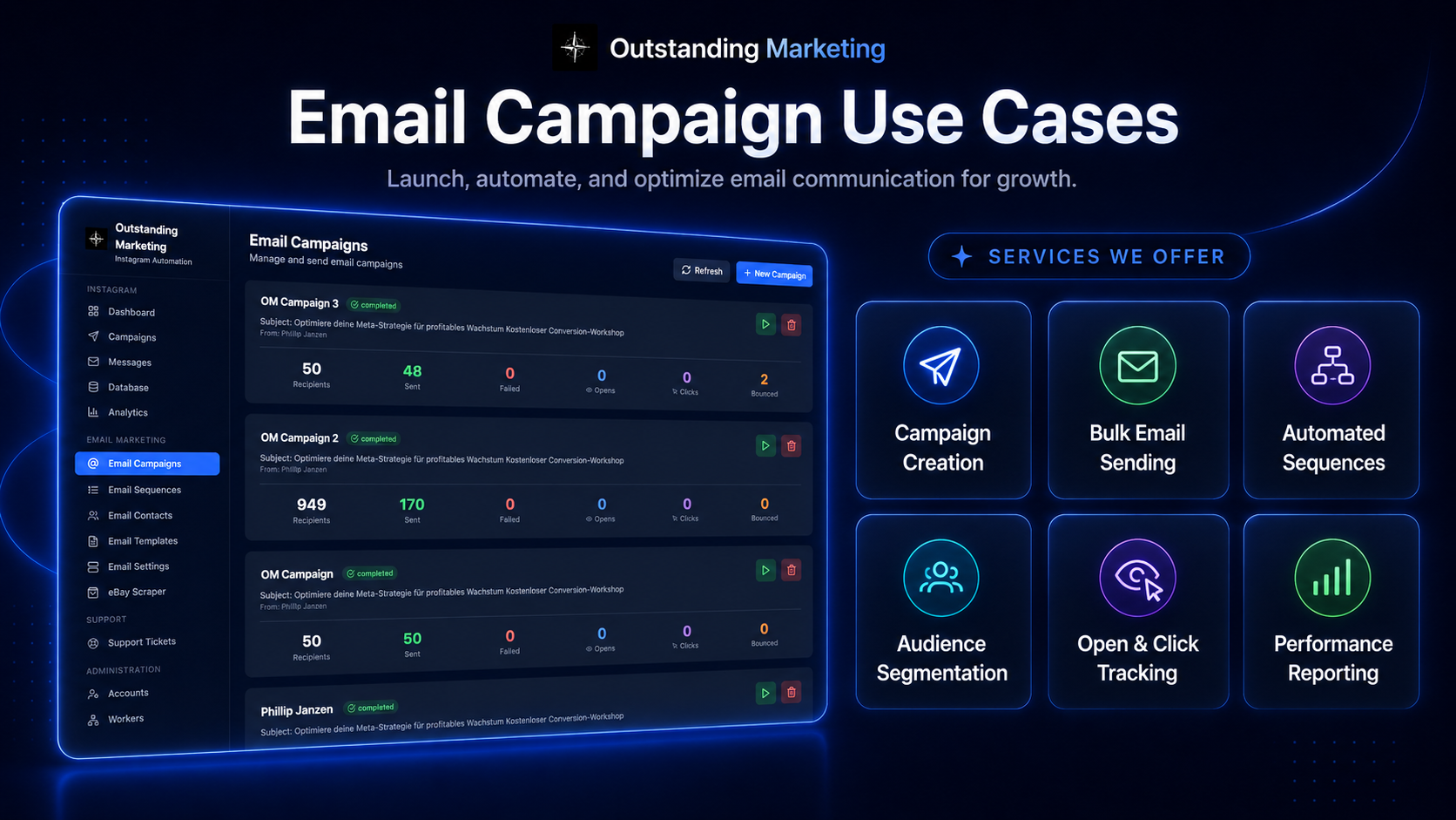 Email campaign use cases — creation, bulk send, sequences, segmentation, tracking, reporting
