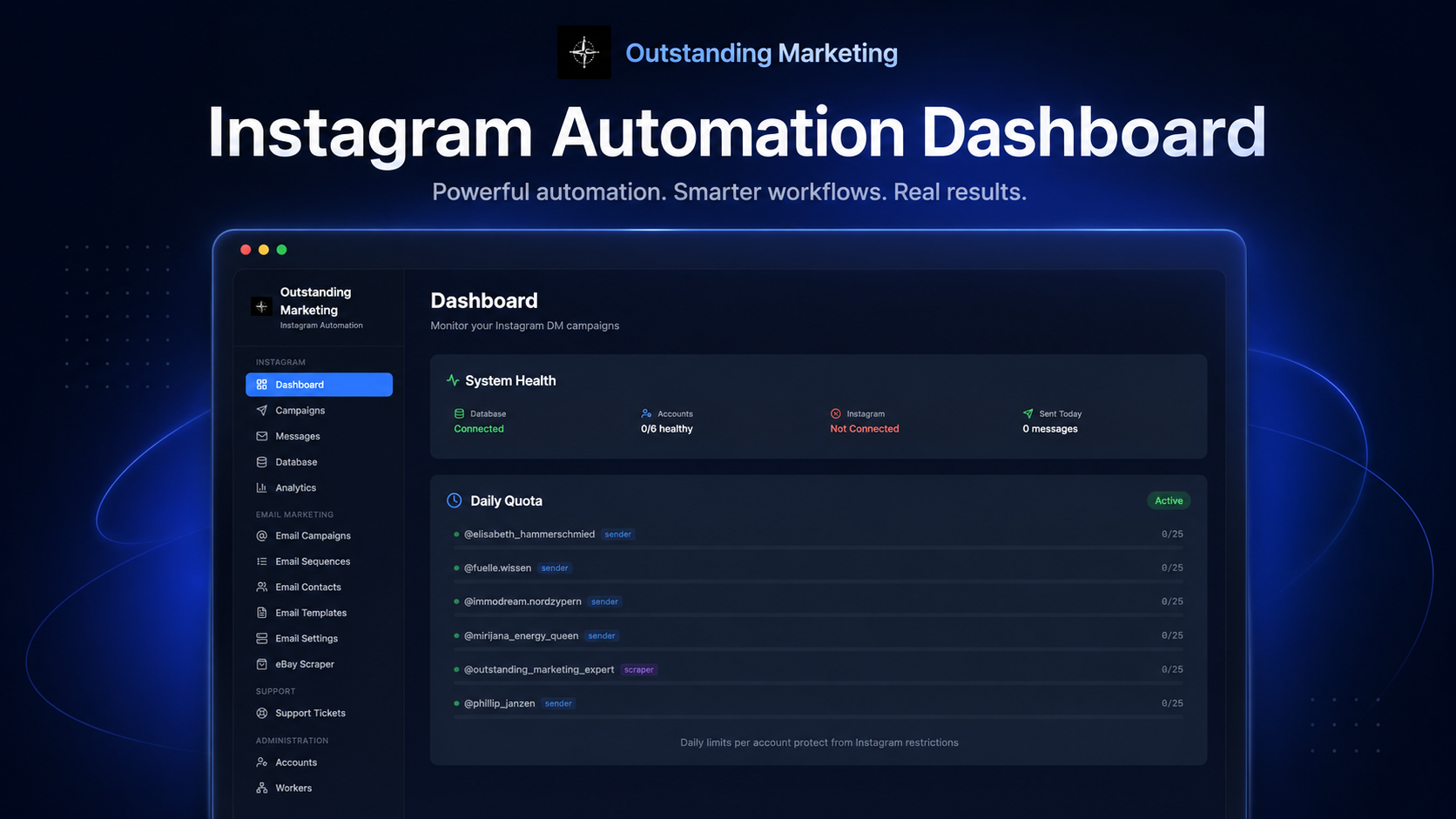 Instagram Automation Dashboard — outreach, lead gen and campaign management